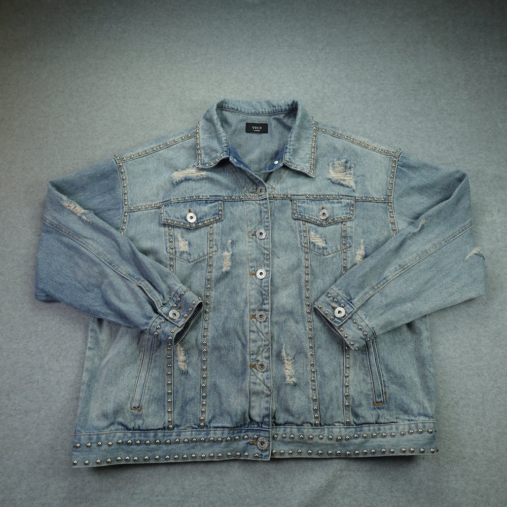 VICI‎ Jacket Womens Large Light Wash Distressed Studded Trucker Denim Jean